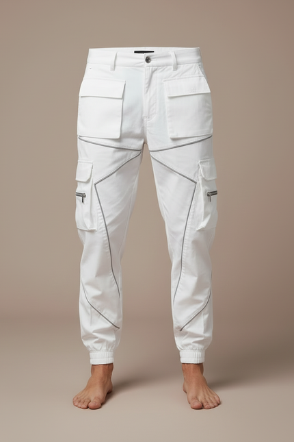 Pantalon Cargo Blanc Coupe Droite Multipoches Réfléchissant - Polyester - vue 3