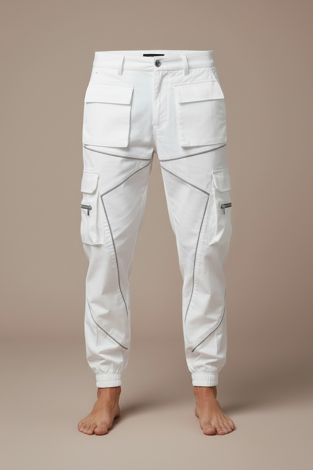 Pantalon Cargo Blanc Coupe Droite Multipoches Réfléchissant - Polyester - vue 3