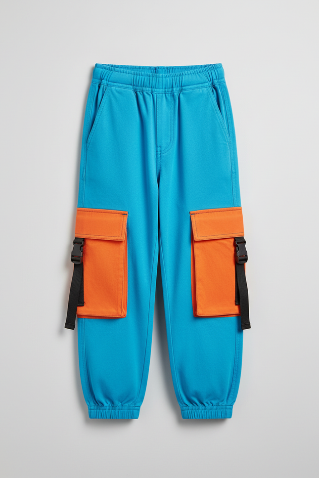 Pantalon Cargo Bleu Orange Ample Sangles Enfant - Molleton - vue 3