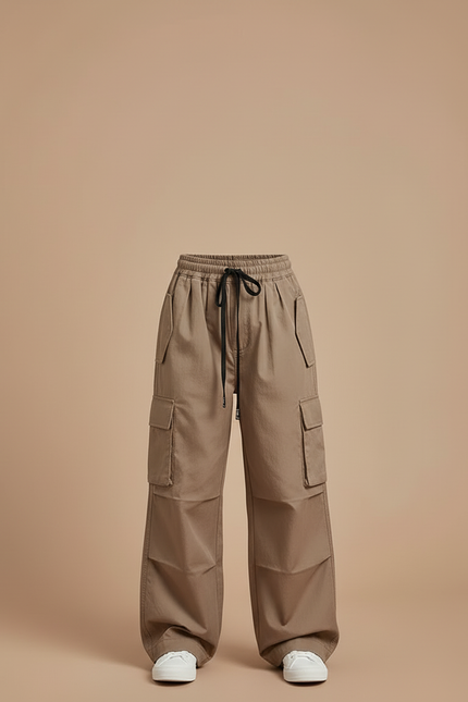 Pantalon Cargo Marron Ample Poches Cordon Enfant - Kaki Toile - vue 3
