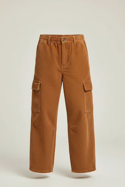 Pantalon Cargo Marron Côtelé Ample Décontracté Enfant - Cordé - vue 3