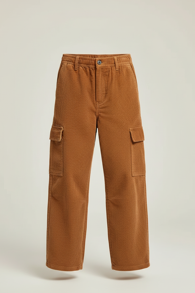 Pantalon Cargo Marron Côtelé Ample Décontracté Enfant - Cordé - vue 3