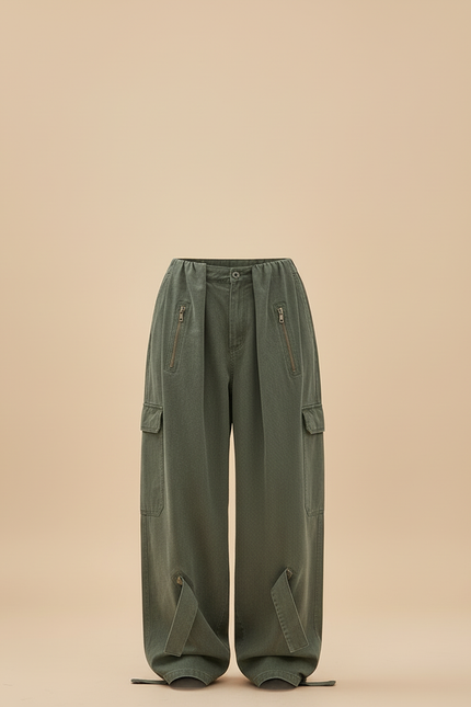 Pantalon Cargo Vert Ample Multi-Poches Décontracté - Kaki Toile - vue 3