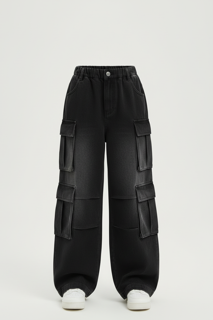 Pantalon Cargo Noir Ample Denim Multipoches - Jean - vue 3
