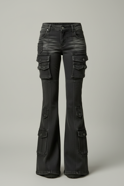 Pantalon Cargo Noir Délavé Multipoches Évasé Taille Basse - Jean - vue 3