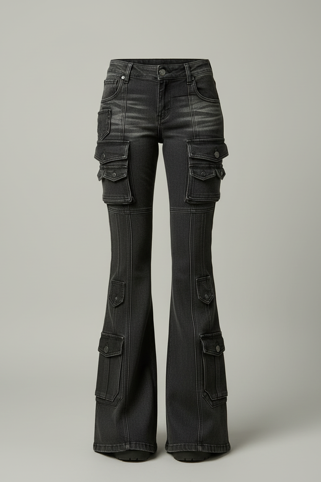 Pantalon Cargo Noir Délavé Multipoches Évasé Taille Basse - Jean - vue 3