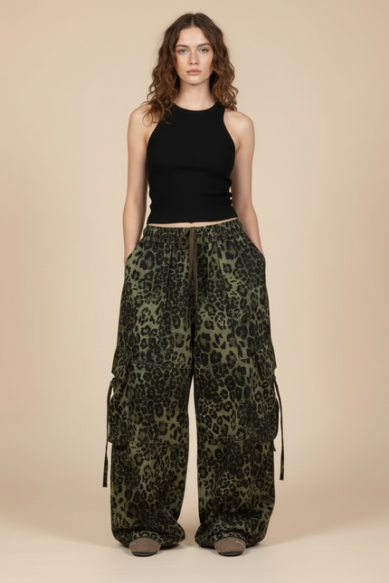 Pantalon Cargo Léopard Ample Vert Imprimé Streetwear - Toile - vue 3