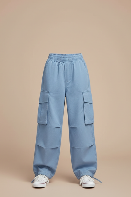Pantalon Cargo Bleu Ample Décontracté Multipoches Enfant - Jean - vue 3