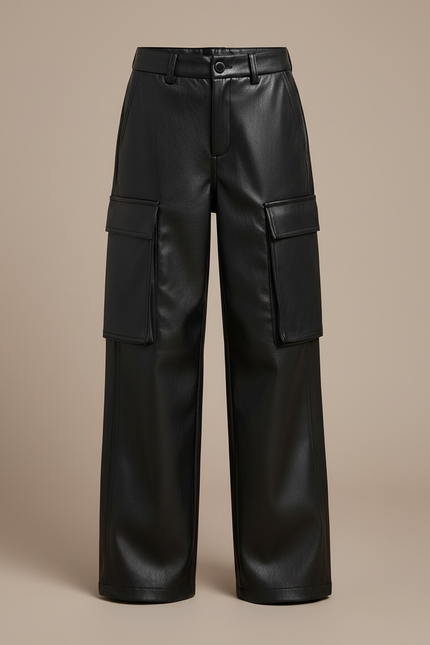 Pantalon Cargo Noir Similicuir Ample Taille Haute - Simili cuir - vue 3