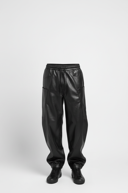 Pantalon Cargo Homme Noir Similicuir Ample Multi-Poches - Simili cuir - vue 3