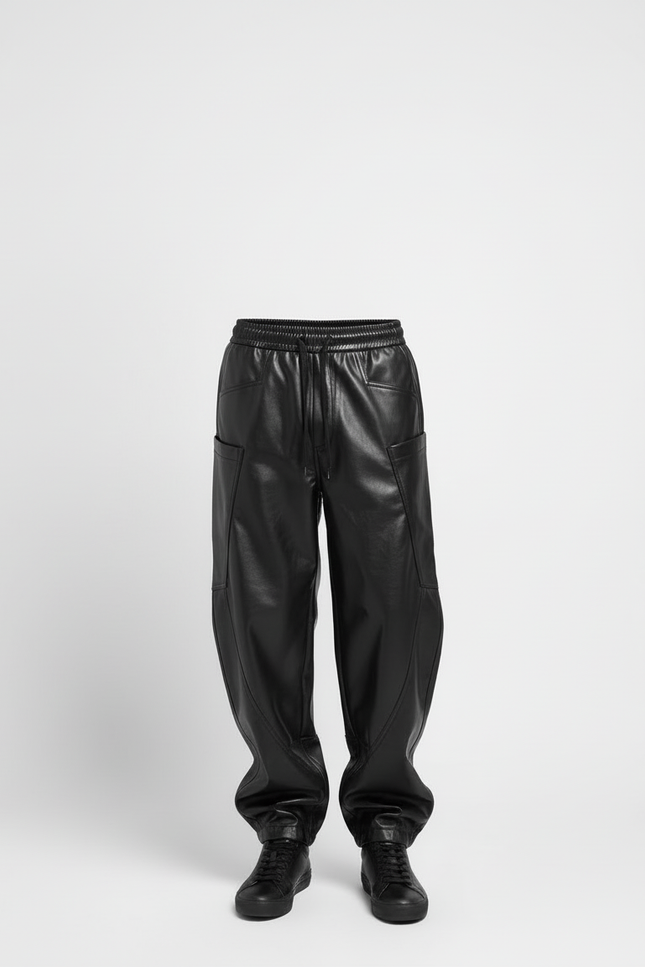 Pantalon Cargo Homme Noir Similicuir Ample Multi-Poches - Simili cuir - vue 3