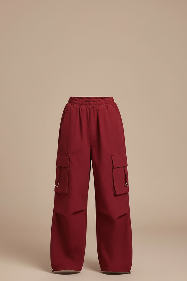 Pantalon Cargo Rouge Ample Multipoches Fille Décontracté - Bordeaux Polyester - vue 3