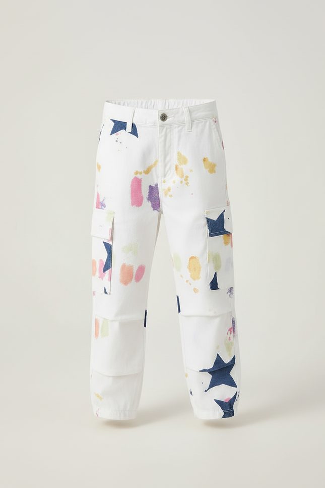 Pantalon Cargo Blanc Imprimé Étoiles Coloré Garçon Décontracté - vue 3