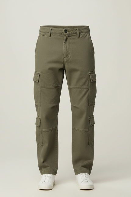 Pantalon Cargo Vert Kaki Ample Multipoches Coton - Toile - vue 3