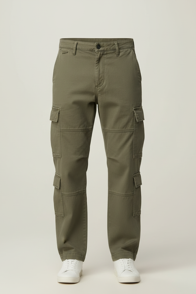 Pantalon Cargo Vert Kaki Ample Multipoches Coton - Toile - vue 3