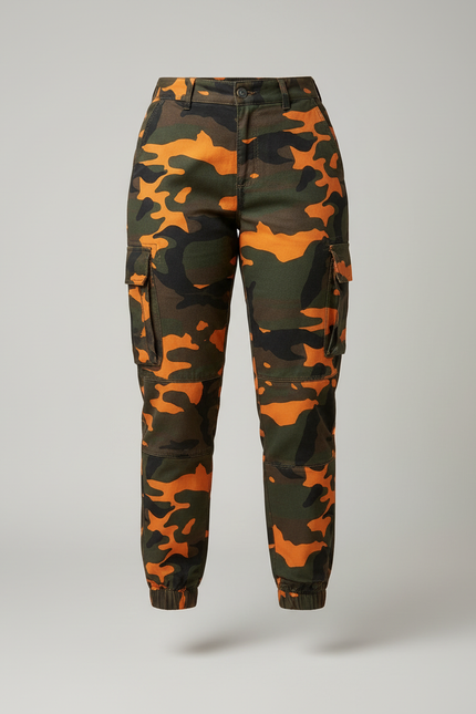 Pantalon Cargo Camouflage Orange Vert Slim Femme - Imprimé Toile - vue 3