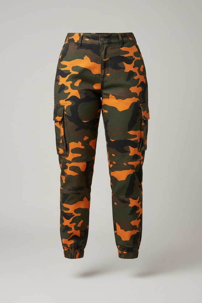 Pantalon Cargo Camouflage Orange Vert Slim Femme - Imprimé Toile - vue 3