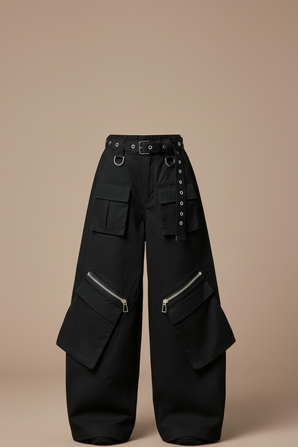 Pantalon Cargo Noir Ample Multipoches Zippées Fille - Toile - vue 3