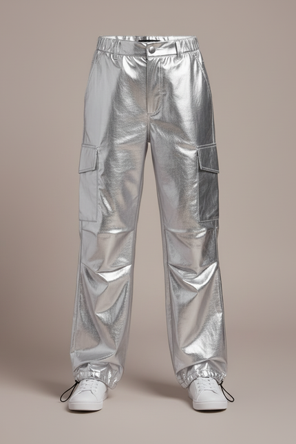 Pantalon Cargo Métallisé Brillant Ample Fille - Argenté Polyester - vue 3
