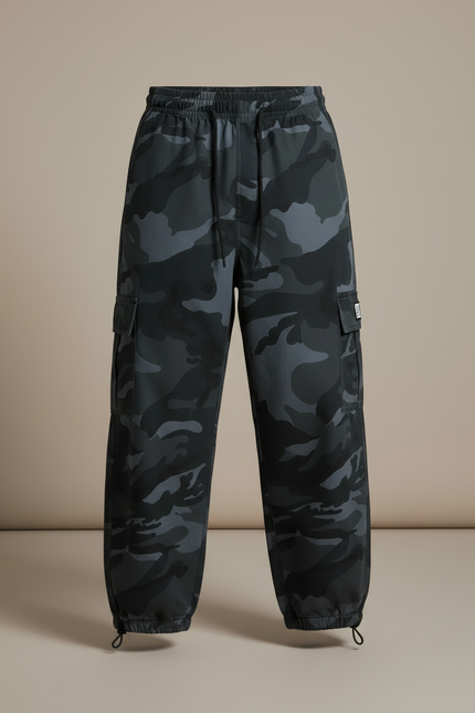 Pantalon Cargo Camouflage Noir Ample Multipoches Homme - Molleton - vue 3