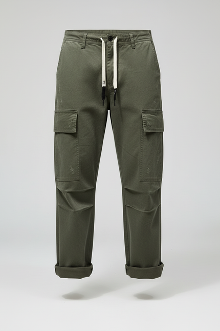 Pantalon Cargo Ample Décontracté Vert Coton Multipoches - Kaki Toile - vue 3