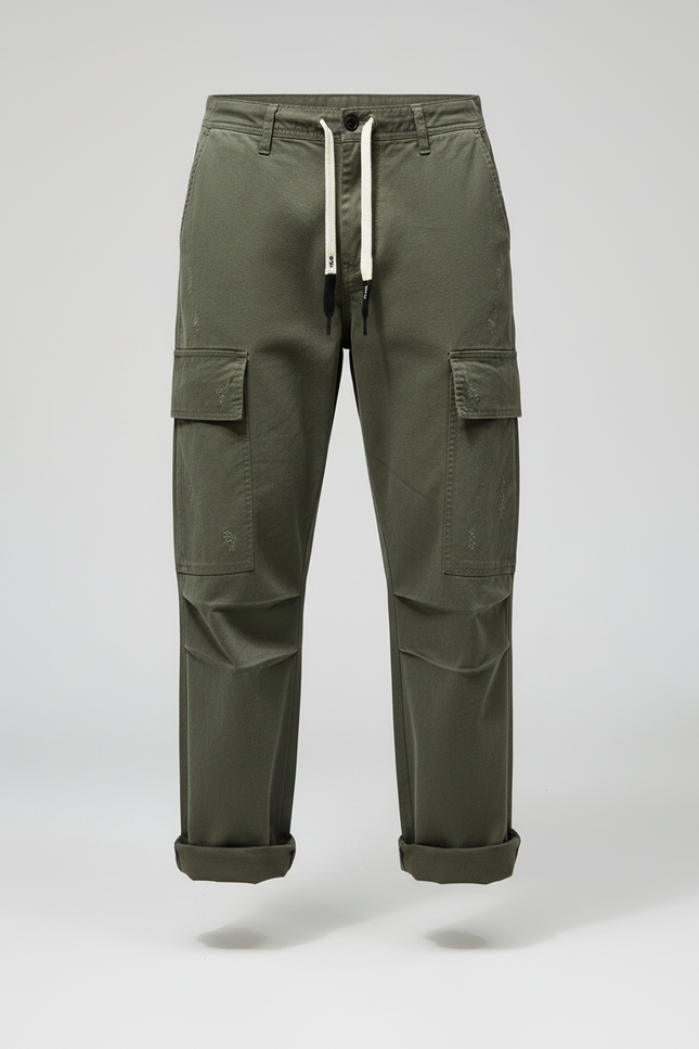 Pantalon Cargo Ample Décontracté Vert Coton Multipoches - Kaki Toile - vue 3