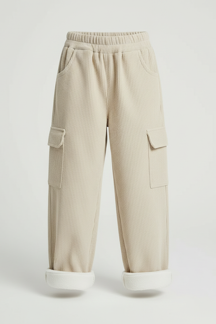 Pantalon Cargo Beige Côtelé Ample Enfant Doublé Polaire - Cordé - vue 3