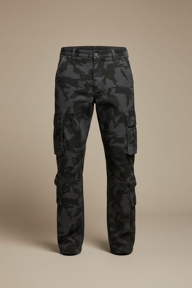 Pantalon Cargo Homme Camouflage Gris Ample Multipoches - Toile - vue 3