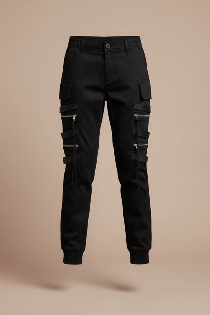 Pantalon Cargo Noir Fille Multipoches Zippées - Toile - vue 3