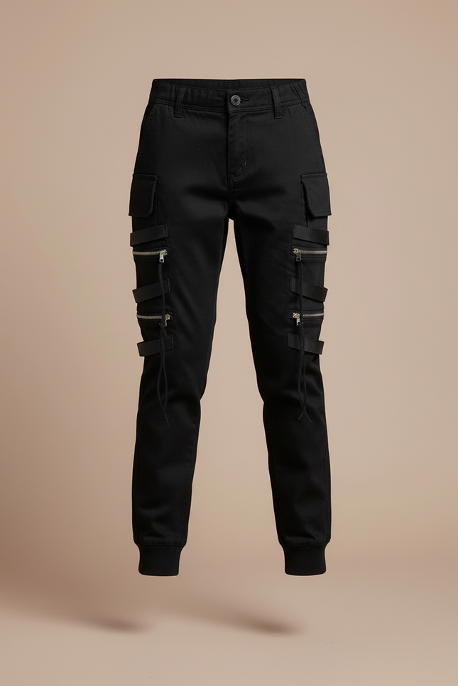 Pantalon Cargo Noir Fille Multipoches Zippées - Toile - vue 3