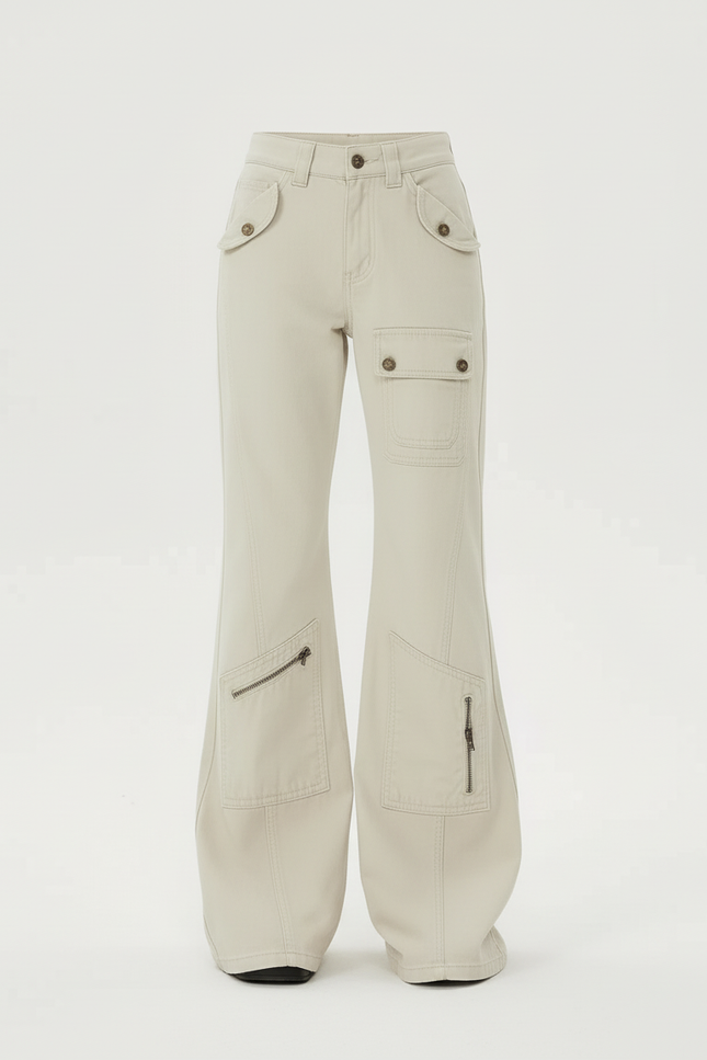 Pantalon Cargo Beige Évasé Poches Zippées - Toile - vue 3