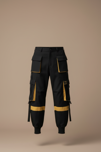 Pantalon Cargo Noir Jaune Streetwear Homme Multi-Poches - Toile - vue 3