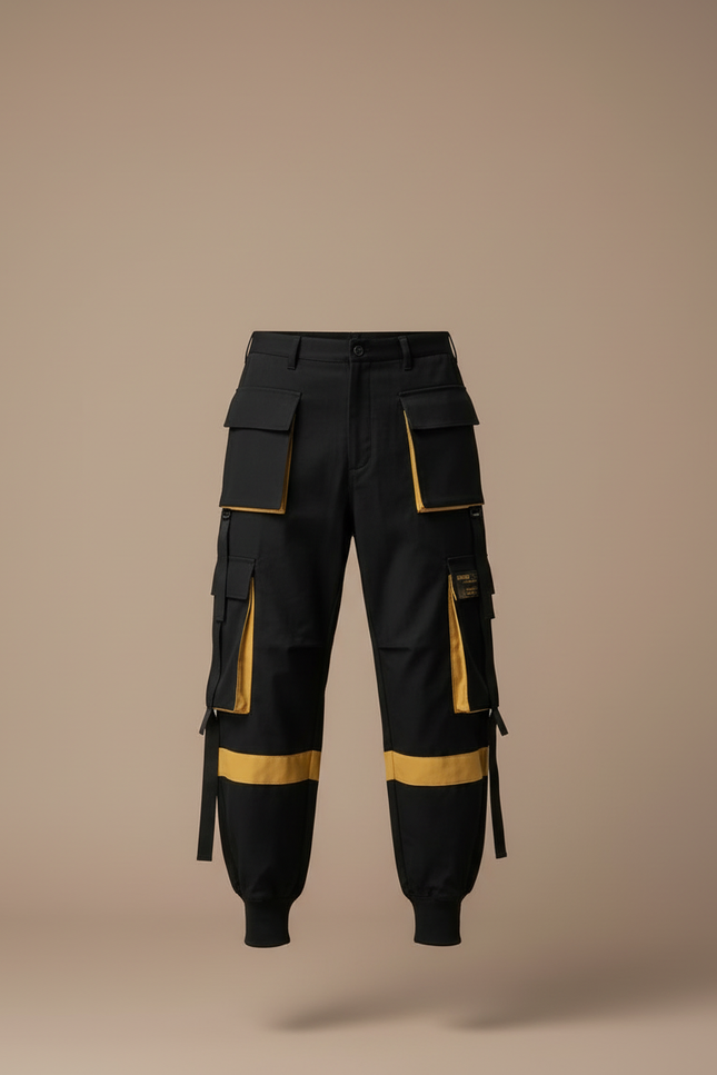 Pantalon Cargo Noir Jaune Streetwear Homme Multi-Poches - Toile - vue 3