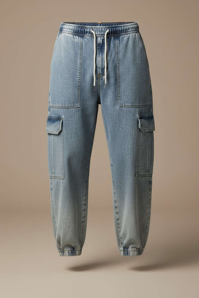Pantalon Cargo Denim Ample Bleu Cordon Homme - Jean - vue 3