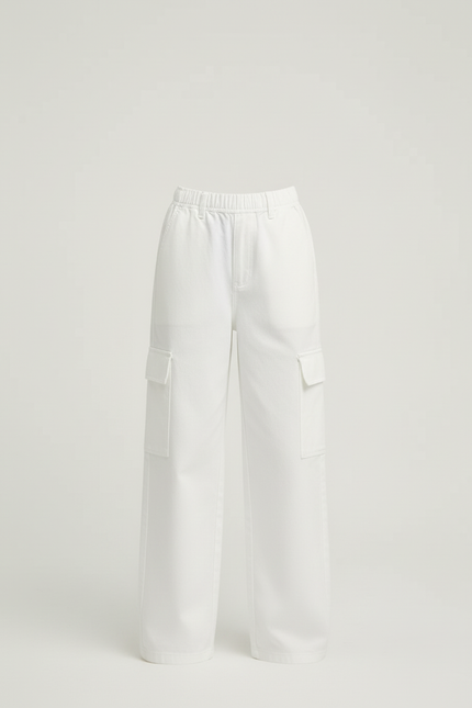 Pantalon Cargo Blanc Ample Multipoches Décontracté Fille - Toile - vue 3