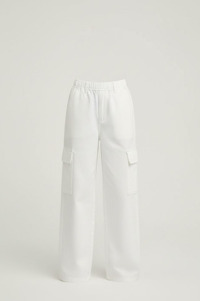 Pantalon Cargo Blanc Ample Multipoches Décontracté Fille - Toile - vue 3