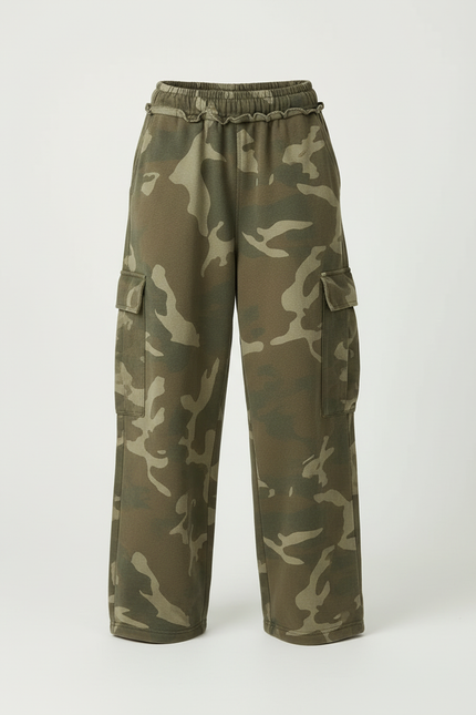 Pantalon Cargo Camouflage Ample Streetwear Vert - Kaki Molleton - vue 3