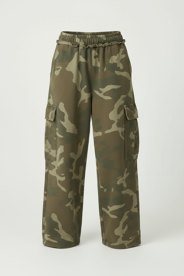 Pantalon Cargo Camouflage Ample Streetwear Vert - Kaki Molleton - vue 3