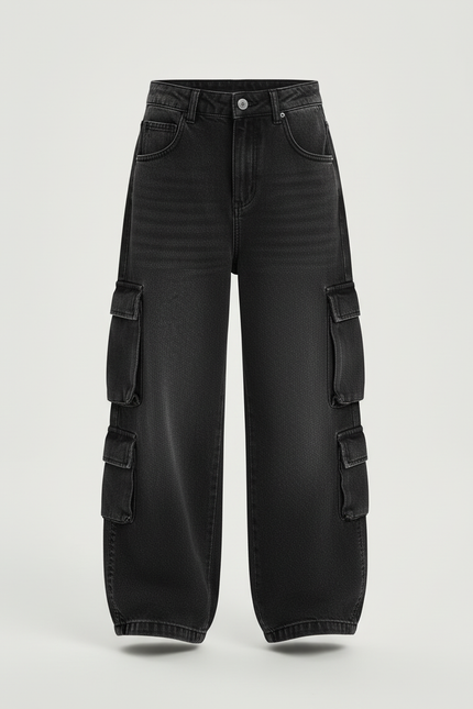 Pantalon Cargo Noir Ample Denim Multipoches Fille - Jean - vue 3