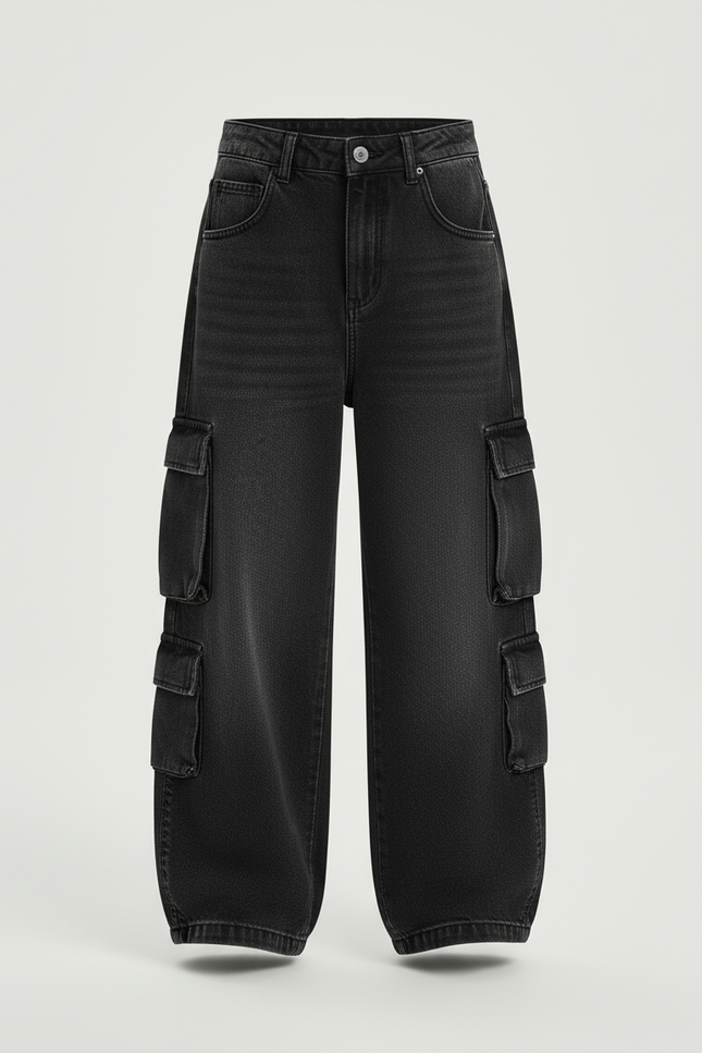 Pantalon Cargo Noir Ample Denim Multipoches Fille - Jean - vue 3