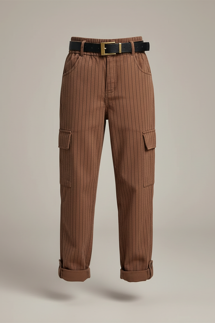 Pantalon Cargo Marron Rayé Ample Décontracté Enfant - Toile - vue 3