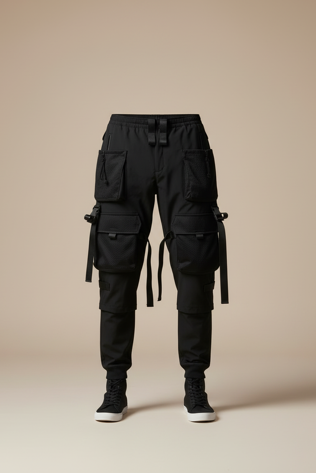 Pantalon Cargo Noir Techwear Multipoches Streetwear Homme - Polyester - vue 3