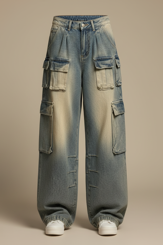 Pantalon Cargo Ample Délavé Multipoches Décontracté Femme - Bleu Jean - vue 3