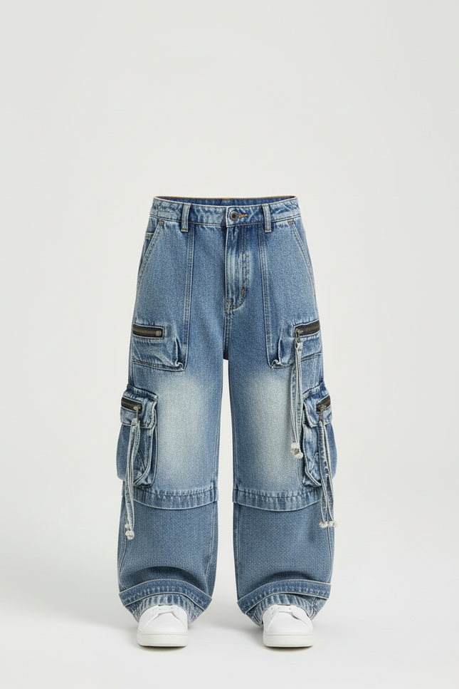 Pantalon Cargo Denim Ample Multipoches Enfant Style Coréen - Bleu Jean - vue 3