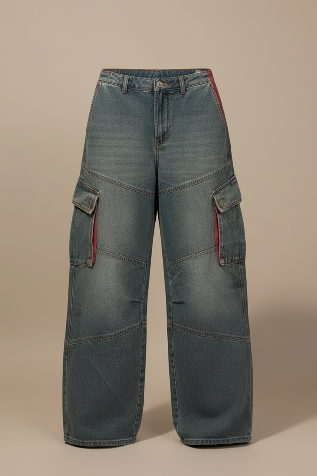 Pantalon Cargo Baggy Denim Vintage Multipoches Femme - Bleu Jean - vue 3