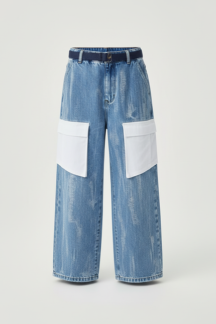 Pantalon Cargo Denim Ample Poches Blanches Garçon - Bleu Jean - vue 3
