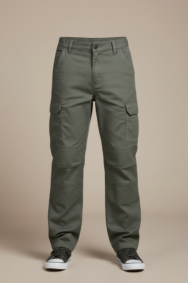 Pantalon Cargo Vert Multipoches Classique Enfant - Kaki Toile - vue 3