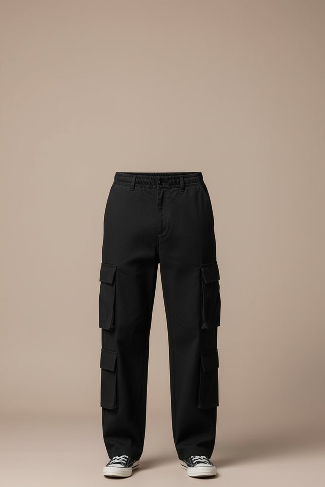 Pantalon Cargo Noir Ample Multipoches Coton Homme - Toile - vue 3