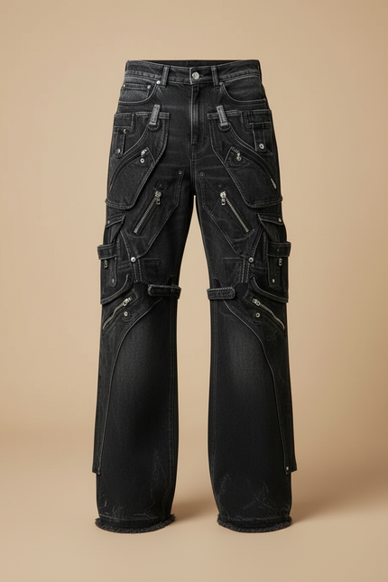 Pantalon Cargo Noir Délavé Multipoches Zippées Ample - Jean - vue 3