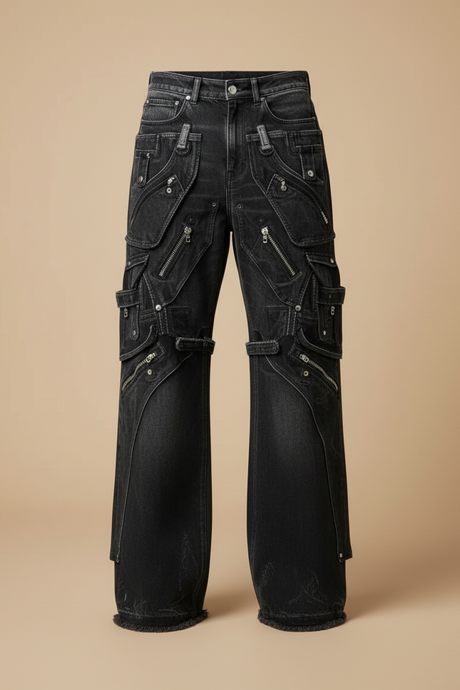 Pantalon Cargo Noir Délavé Multipoches Zippées Ample - Jean - vue 3
